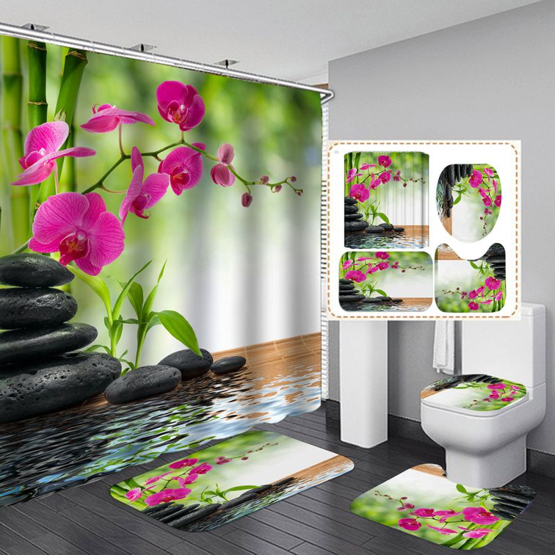 4PCS/Set 3D Printing Shower Curtain U Rug Toilet Cover Bath Mat Home Hotel Decor 