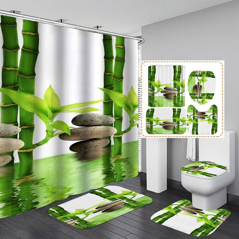 4PCS/Set 3D Printing Shower Curtain U Rug Toilet Cover Bath Mat Home Hotel Decor 